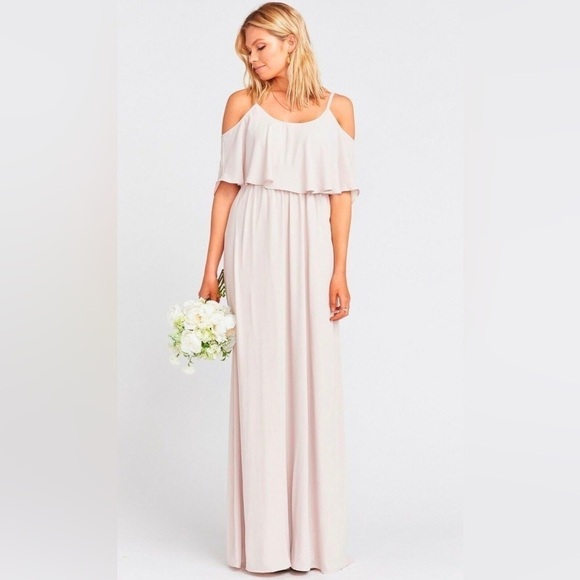 NWT Show Me Your Mumu Caitlin Ruffle Maxi Dress Show Me The Ring Crisp Beige L - Picture 1 of 10